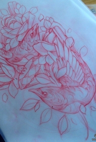 欧美school乌鸦花卉纹身图案手稿
