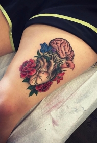 大腿欧美school心脏大脑花卉纹身图案