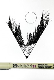 几何树林太阳风景纹身图案手稿