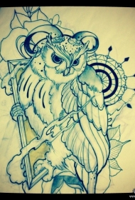 欧美school猫头鹰花卉纹身图案手稿
