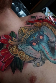 胸部彩绘传统象神牡丹花纹身tattoo图案