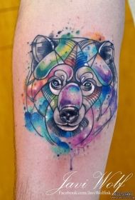 小腿欧美泼墨熊头纹身图案