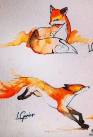欧美狐狸泼墨彩绘纹身图案手稿