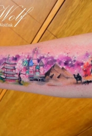 小臂建筑风景彩色泼墨纹身图案