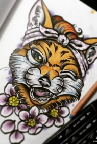 欧美school卡通狐狸花朵纹身图案手稿
