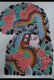 日式彩色蛇与牡丹传统纹身图案手稿