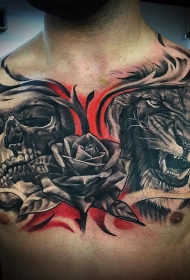 男士欧美胸部狮子骷髅纹身图案
