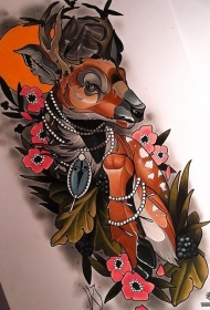欧美school麋鹿宝石花卉纹身图案手稿