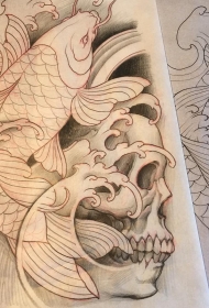 传统鲤鱼骷髅纹身图案手稿