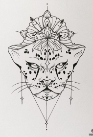 几何点刺线条豹子梵花纹身图案手稿