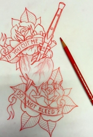 欧美school玫瑰心脏英文纹身图案手稿