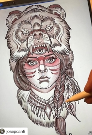 欧美印第安女郎和熊头纹身图案手稿