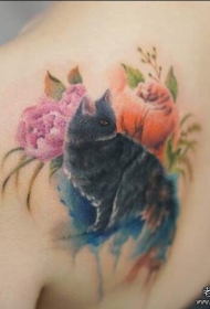 背部小清新花卉和猫纹身图案