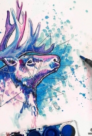 欧美泼墨school麋鹿几何纹身图案手稿