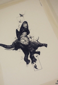 欧美大象蝴蝶个性纹身图案手稿