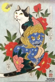日式传统彩色纹身猫唐狮纹身图案手稿