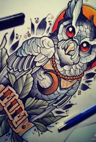 欧美school猫头鹰纹身图案手稿