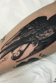小腿欧美黑色乌鸦纹身图案