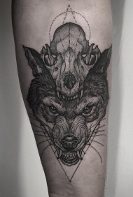 小臂欧美狼头和骷髅纹身图案