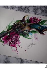 欧美花卉泼墨手枪纹身图案手稿