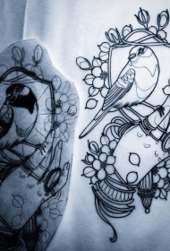 欧美school鸟手花卉纹身图案手稿