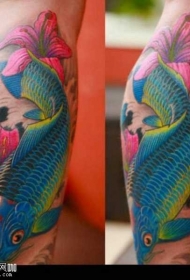 蓝鲤鱼百合花彩绘纹身图案