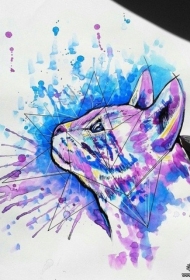 欧美小清新泼墨猫彩色纹身图案手稿
