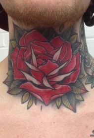 颈部欧美红玫瑰纹身图案