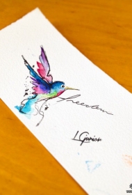 欧美泼墨小清新蜂鸟纹身图案手稿
