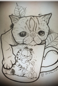 欧美猫咪school杯子树叶纹身图案手稿
