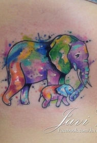 侧腰性感彩色泼墨大象纹身图案