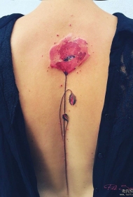 女生背部性感脊柱花卉纹身图案