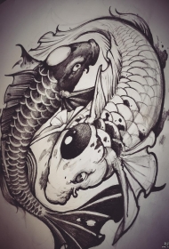 太极鲤鱼黑灰纹身图案手稿