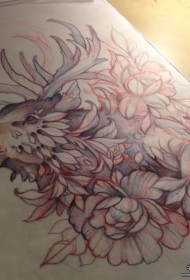欧美school花卉麋鹿纹身图案手稿