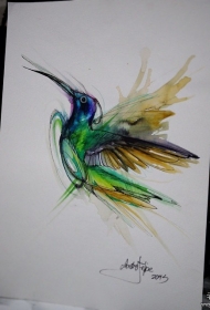 欧美school蜂鸟泼墨纹身图案手稿