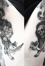大腿外侧牡丹纹身猫和匕首纹身图案