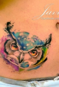 腹部欧美猫头鹰泼墨纹身图案