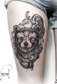 大腿欧美熊线条点刺黑灰纹身tattoo图案