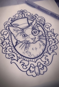 欧美school猫咪镜子纹身图案手稿