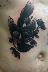 腹部school燕子树叶遮盖纹身图案