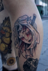 大腿日式女性生首纹身图案