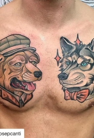 男性胸部两只不同的狗头部纹身图案