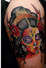大臂艺妓传统头像彩绘纹身图案