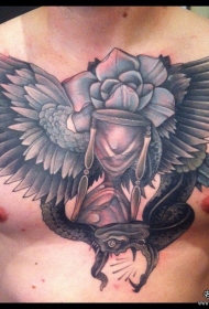 欧美胸部翅膀沙漏蛇玫瑰纹身图案