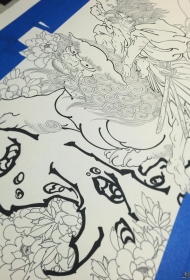 唐狮花卉传统纹身图案手稿