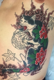 腹部日式风格猫牡丹花彩绘纹身图案