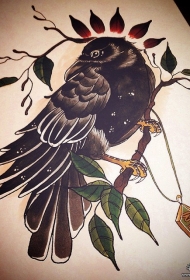 欧美school乌鸦树枝纹身图案手稿