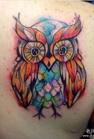 背部欧美彩色泼墨猫头鹰纹身图案