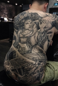 男性满背黑灰艺妓龙纹身图案