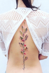 女生背部脊柱花卉性感纹身图案